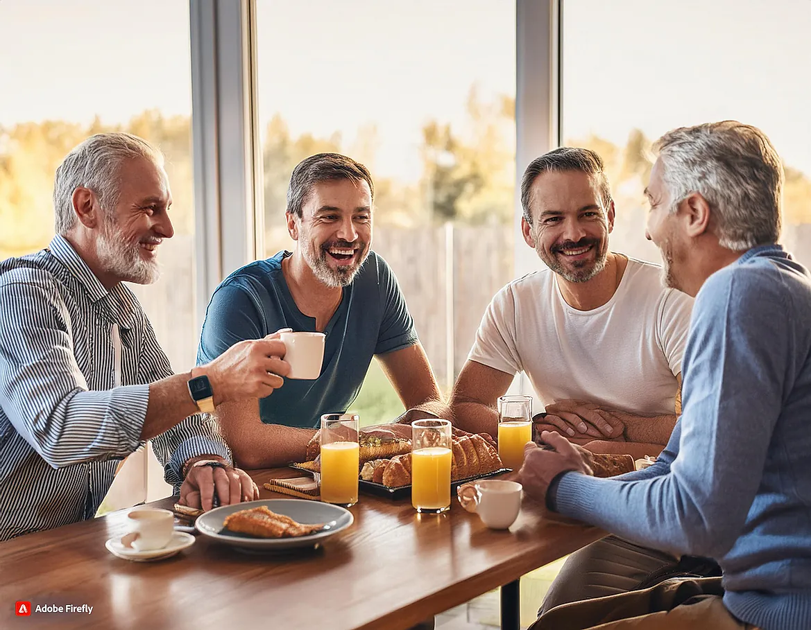 Mænd der sidder om morgenbord